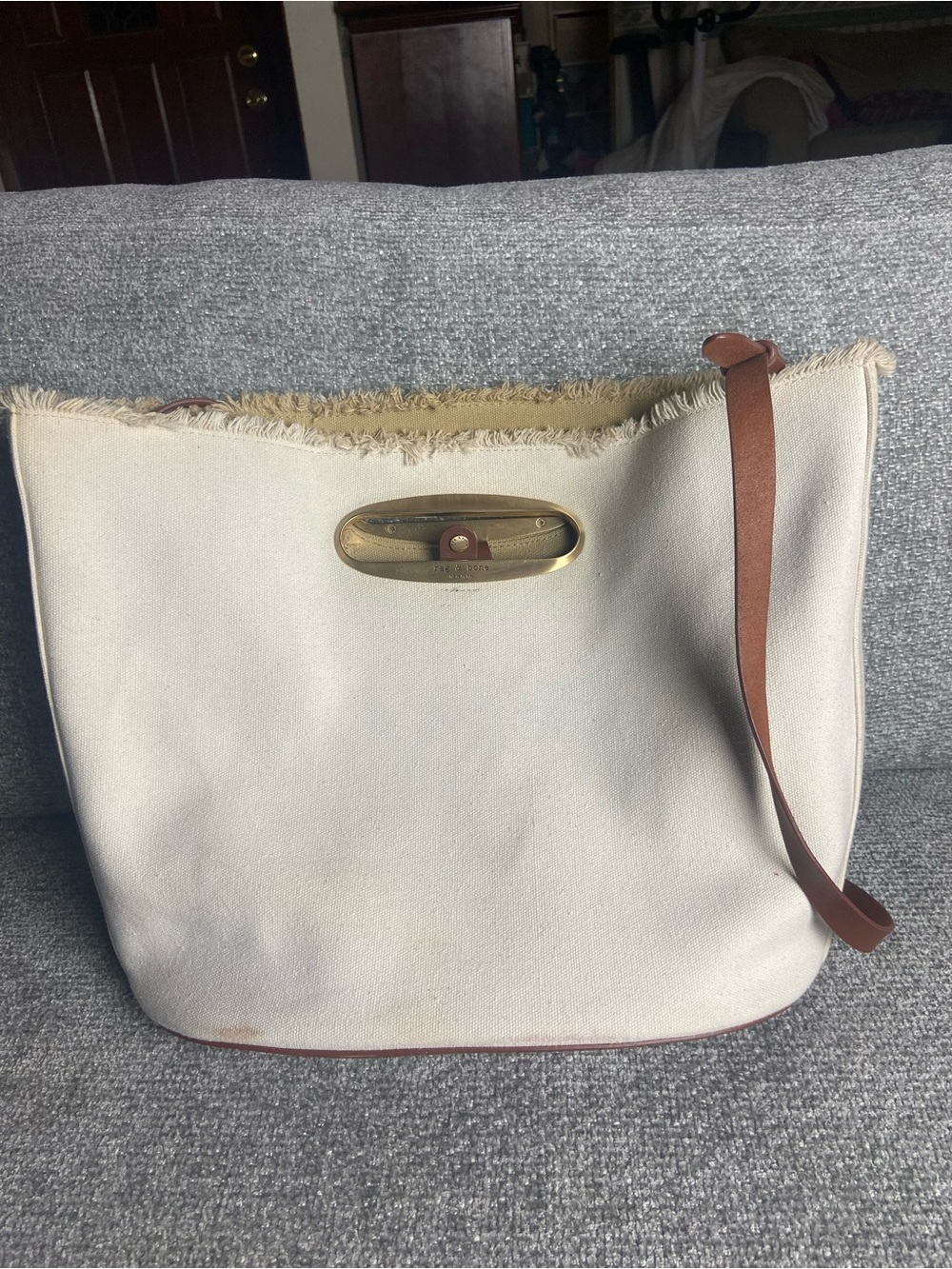 Rag and Bone Canvas Fringe Shoulder Bag in Off-White with Brown Strap